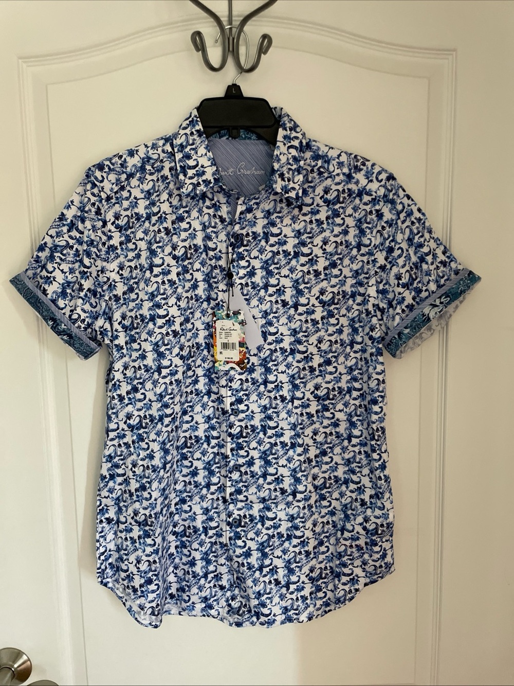 NWT ROBERT GRAHAM Kaanapali button blue Small classic fit stretch S $198